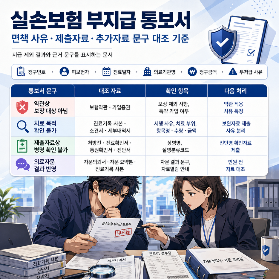 실손보험 부지급 통보서의 면책 사유, 제출자료, 추가자료 문구를 표와 상담 장면으로 정리한 인포그래픽