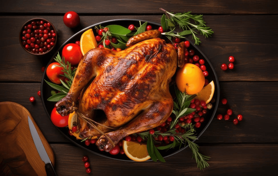 검정 접시에 칠면조 통구이와 레몬과 토마토와 로즈마리와 빨간 산열매들이 있다.