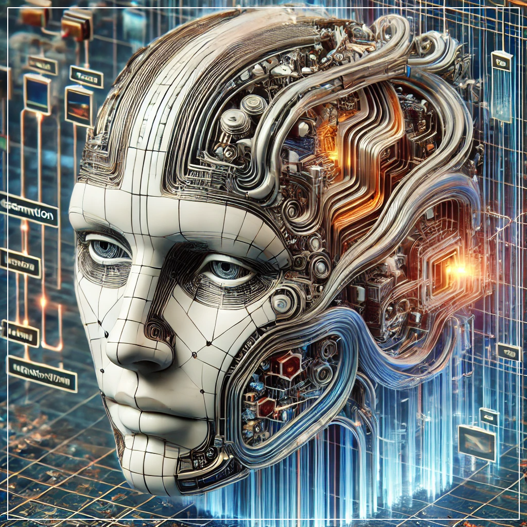 생성형 AI의 핵심인 트랜스포머 모델 아키텍처를 3D 디지털 흐름 다이어그램 형태로 표현한 이미지