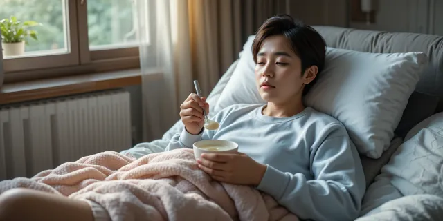 대장내시경 후 식사를 부드러운 죽으로 하는 모습