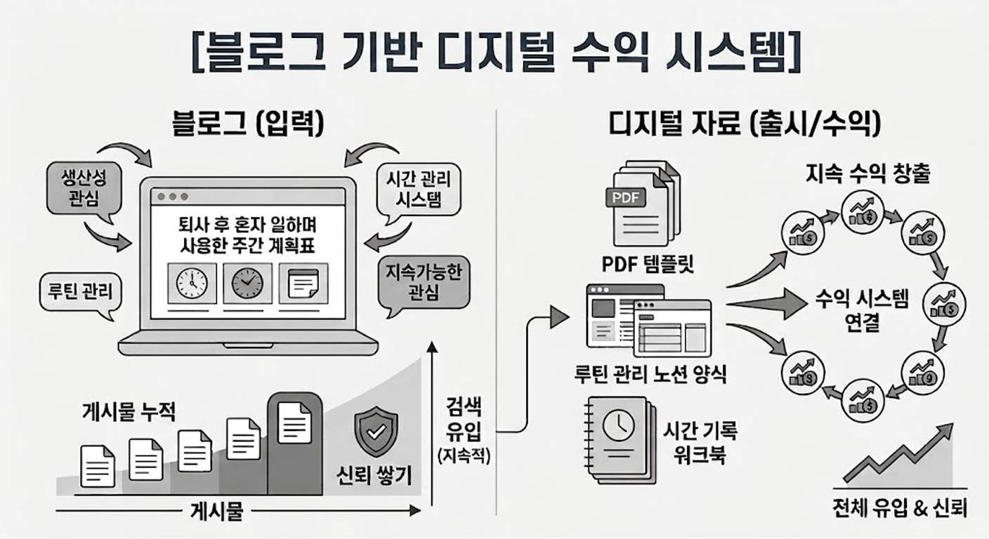 블로그 콘텐츠 누적과 지속적인 검색 유입을 입력값으로 삼아, PDF 템플릿과 노션 양식 등의 디지털 자료 출시를 통해 안정적인 순환형 수익 시스템을 구축하는 과정을 나타낸 모노톤 인포그래픽 이미지입니다.