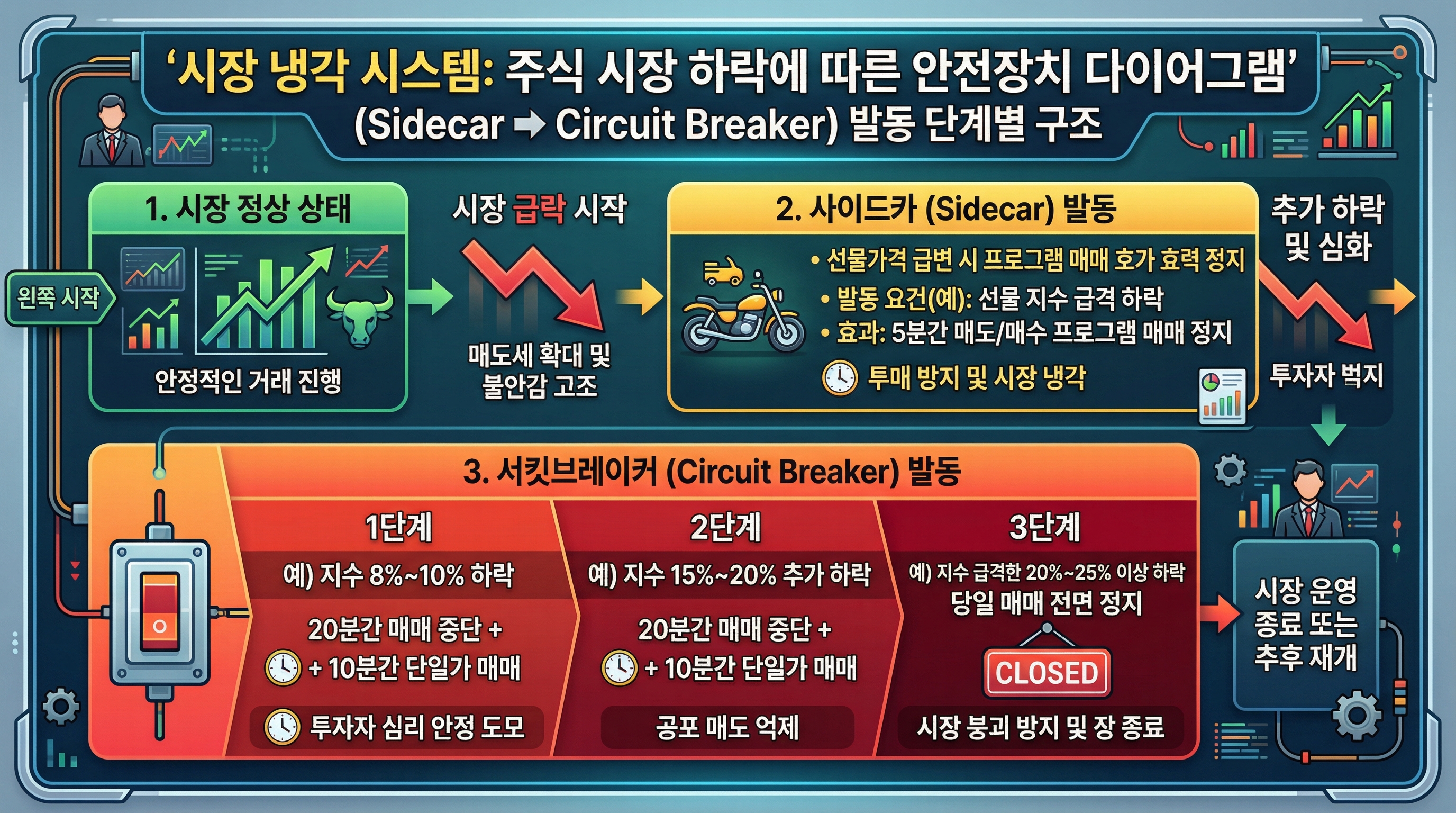 시장이 하락할 때 작동하는 안전장치(Sidecar ➔ Circuit Breaker)의 단계별 구조를 보여주는 '시장 냉각 시스템 다이어그램''