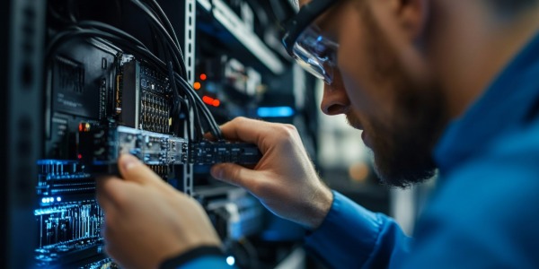 엔지니어가 복잡하게 얽힌 소스 코드 회로를 직접 수정하며 발생할 수 있는 위험과 기술적 부채를 암시하는 이미지