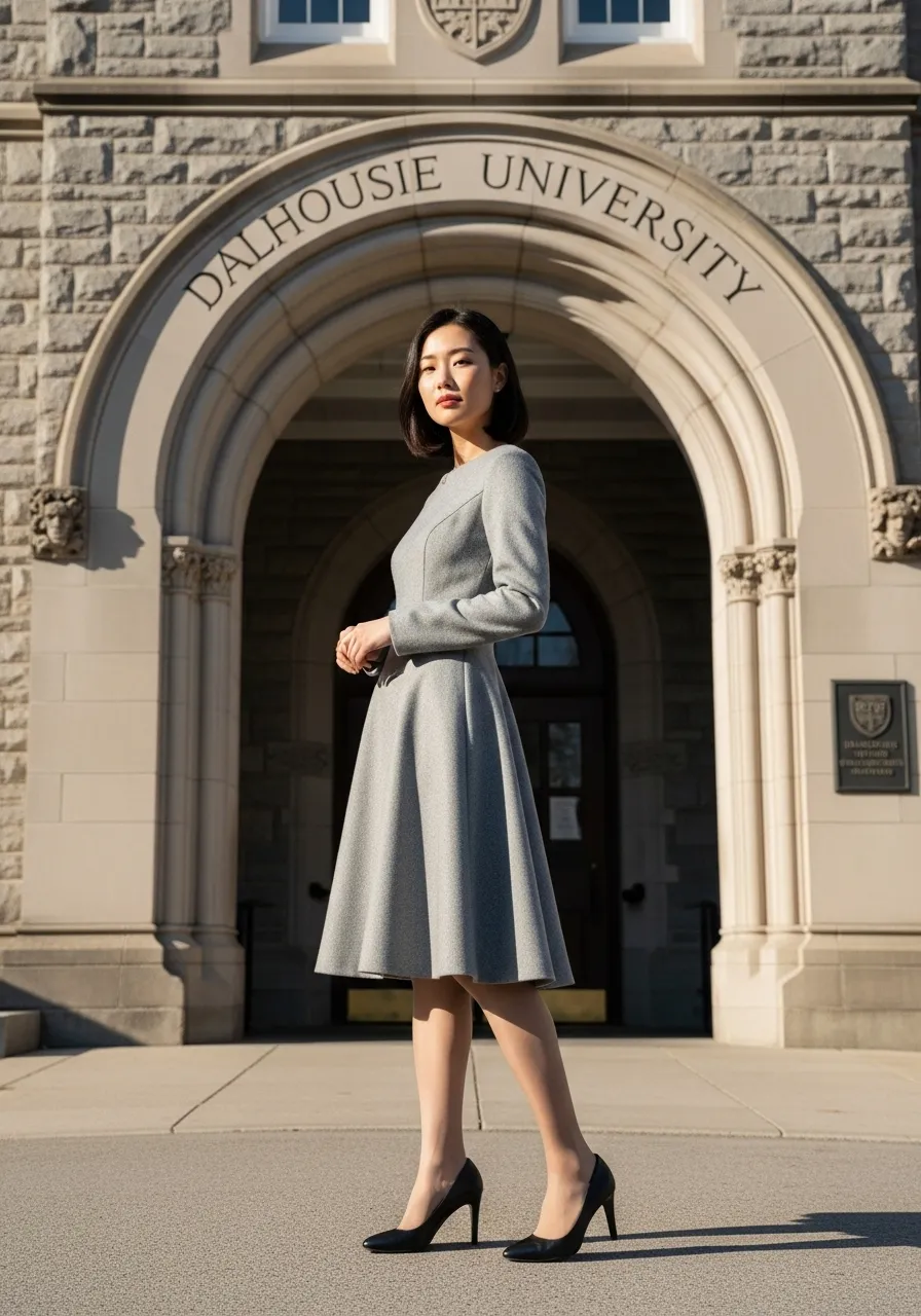 핼리팩스 Dalhousie 대학의 유서깊은 건물앞에서 화보 촬영중인 한국인 여성 모델의 모습