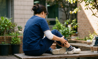 간호사가 부은 다리를 주무르고 있는 모습