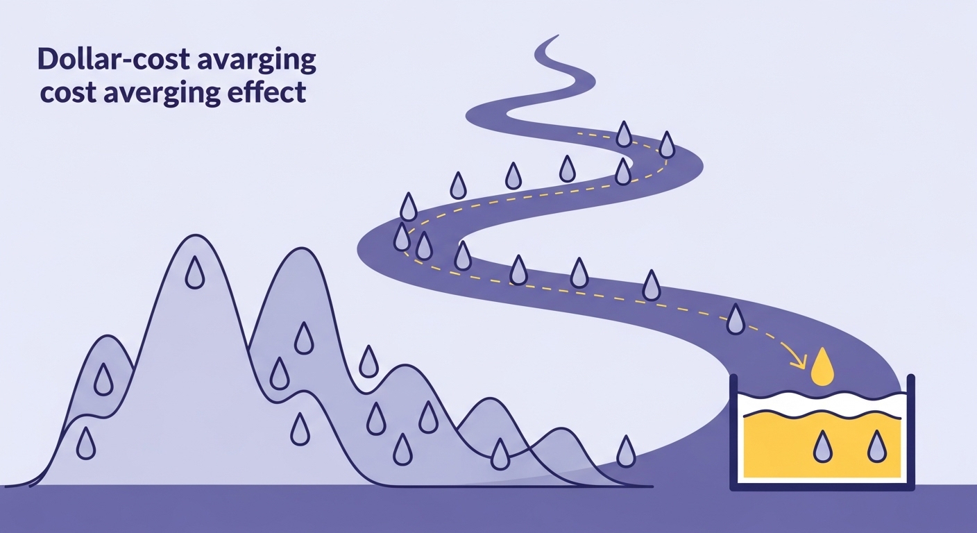 장 변동성이 심한 그래프 위로 꾸준히 물방울이 떨어져 평균 매입 단가를 낮추고 안정적인 자산 성장을 의미