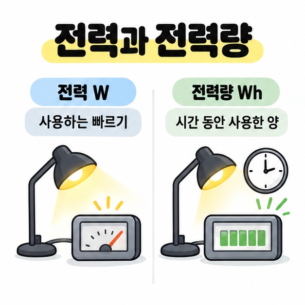 전력 W는 사용하는 빠르기, 전력량 Wh는 시간 동안 사용한 양으로 구분한 스탠드와 계기 비교 그림