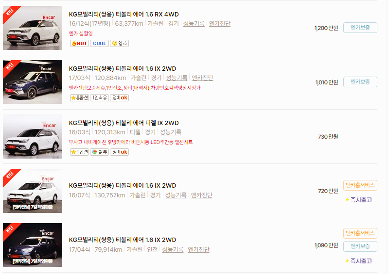 KG모빌리티 티볼리 중고차 가격 시세표 24년10월