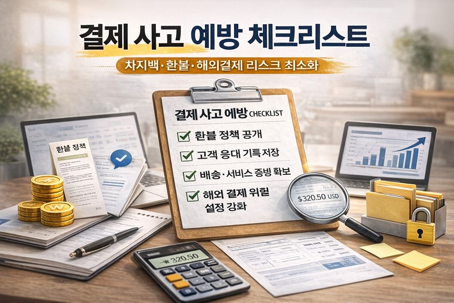 환불 정책 공개, 고객 응대 기록 저장, 배송·서비스 제공 증빙 확보, 해외결제 위험 설정 등으로 차지백과 환불 분쟁을 줄이는 결제 사고 예방 체크리스트를 정리한 인포그래픽입니다.