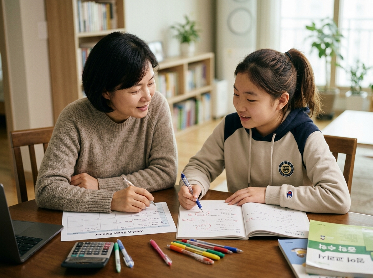 학부모와 학생이 오답 노트를 점검하며 학습 계획을 세우는 모습