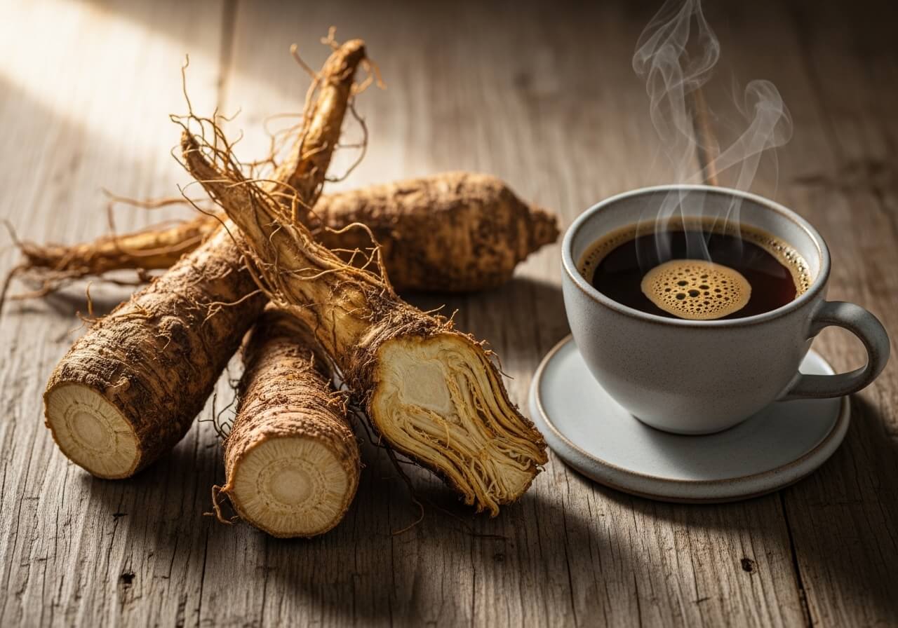 나무 식탁 위 치커리 커피 잔과 볶은 치커리 뿌리, 따뜻한 아침 햇살이 비치는 건강식 컷