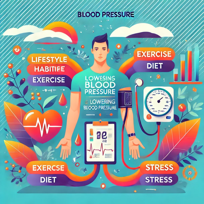 운동&amp;#44; 식단&amp;#44; 스트레스 관리를 통해 혈압을 낮추는 생활습관을 강조한 인포그래픽