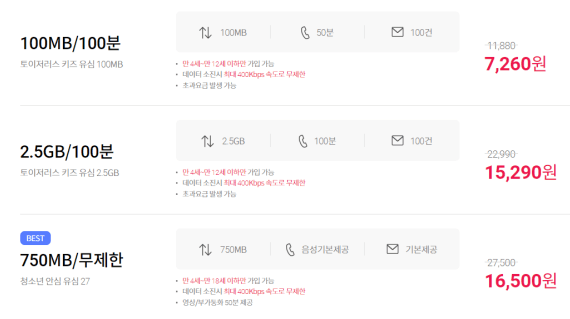 알뜰폰 키즈 요금제 비교 정리