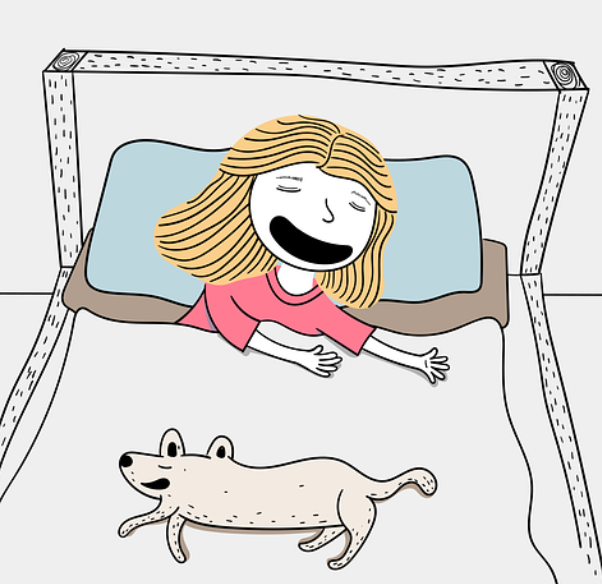 강아지와 함께 잠을 자고 있는 노란머리의 여성 캐릭터