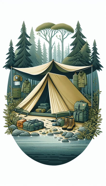 미니멀 캠핑으로 날씨에 대비하기 위해 타프를 설치하고 각종 용품들을 준비한 모습의 사진