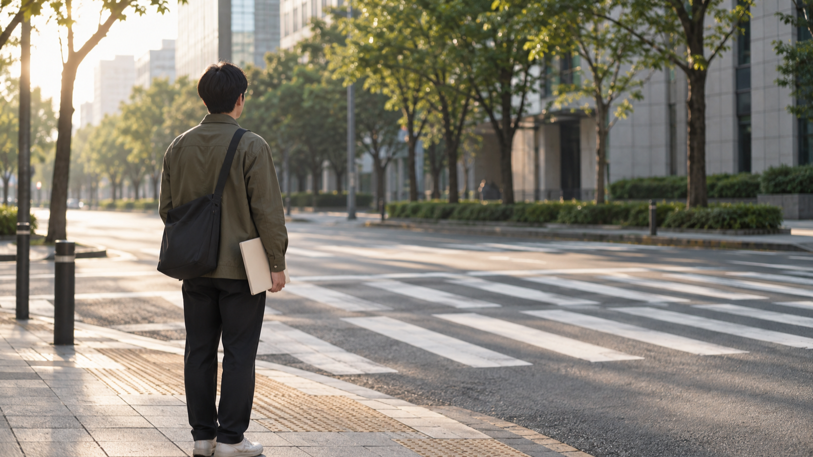 아침 출근길 횡단보도 앞에 선 구직자 - 국민취업지원제도