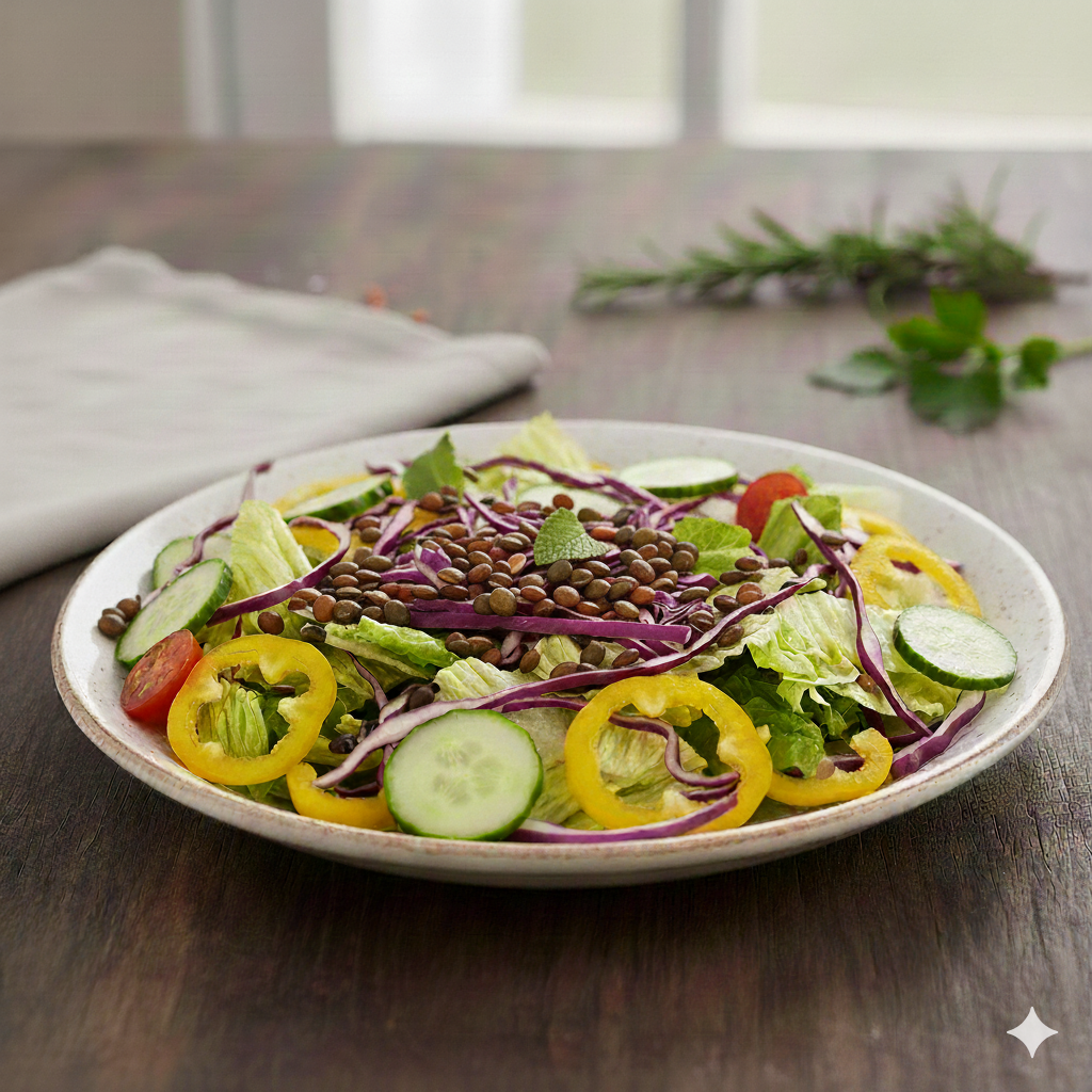 삶은 렌틸콩을 듬뿍 토핑으로 올린 아삭한 식감의 건강식 렌틸콩 샐러드
