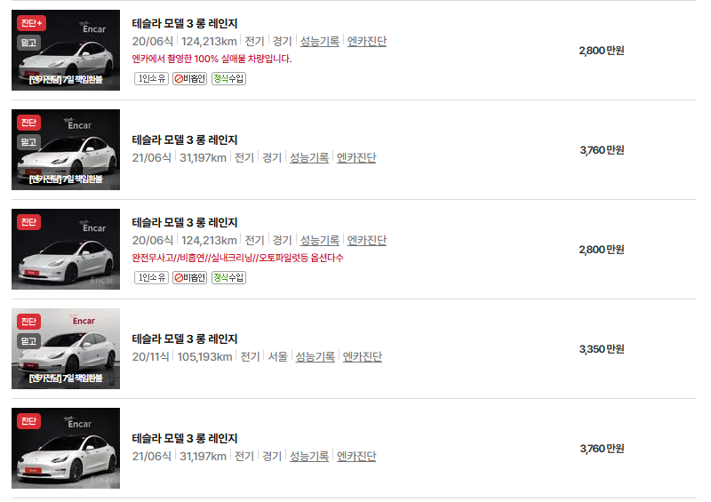 테슬라 모델3 중고차 가격 시세표 유지비