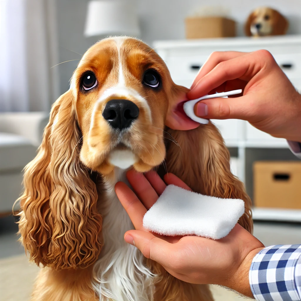 코커 스패니얼의 긴 귀를 전용 물티슈로 닦아주는 모습