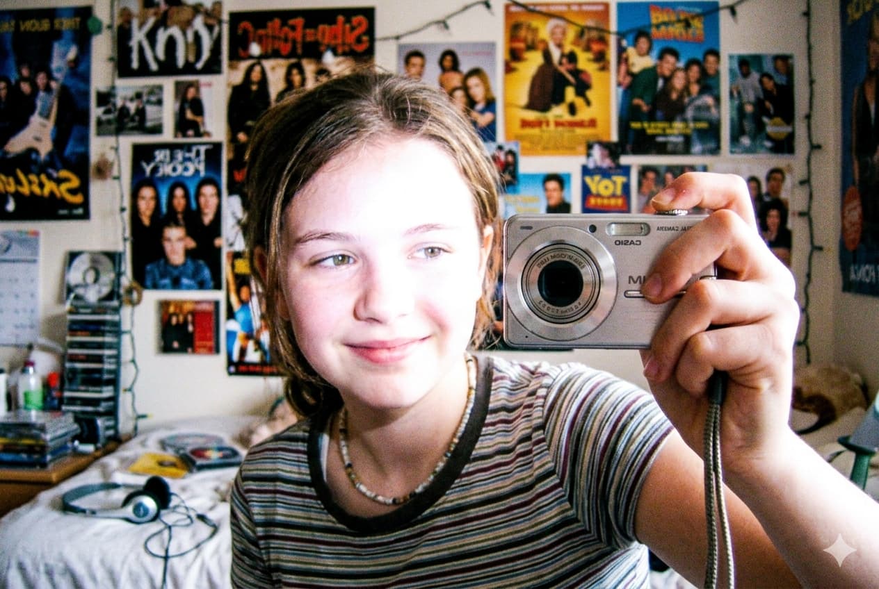 Y2K 스타일로 꾸며진 방 안에서 카시오 엑슬림 빈티지 디카를 들고 셀카를 찍는 모습. 강한 플래시 효과와 CCD 센서 특유의 화사한 색감이 나타난 사진.