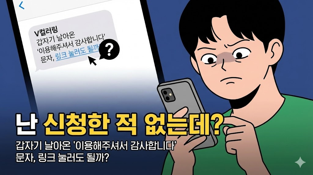 V컬러링 문자를 받고 의아해하는 사용자의 모습을 통해 누구나 겪을 수 있는 상황을 제시하고, 문자 속 링크 클릭에 대한 불안감을 시각적으로 표현하여 독자의 공감을 이끌어냅니다.