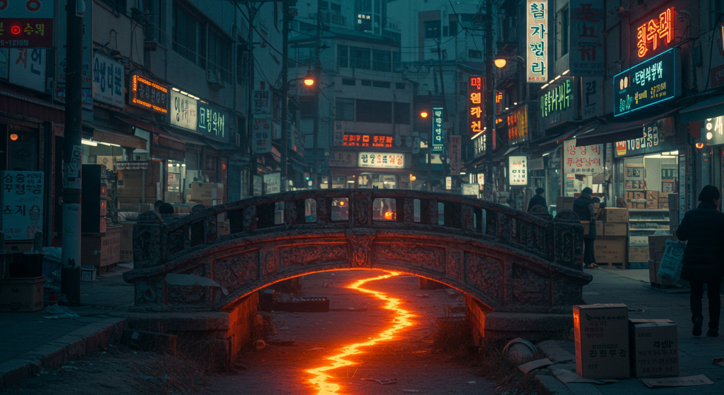 황혼의 서울 주교동의 영화적이고 초현실적인 이미지