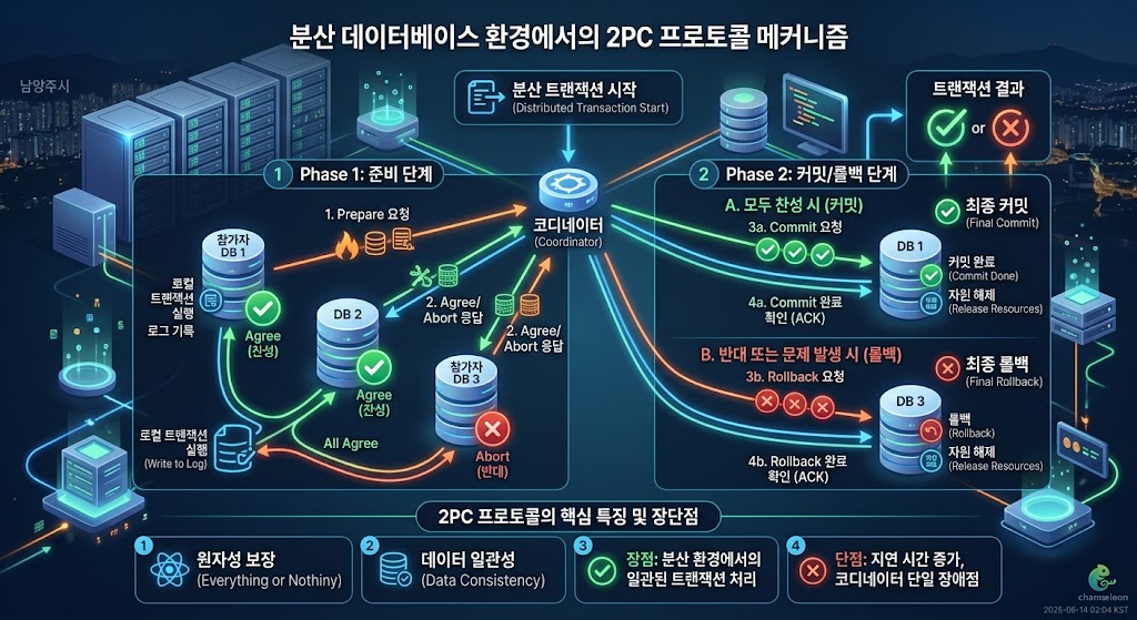 분산 데이터베이스 환경에서 트랜잭션 관리자와 참여 노드 간의 2PC 프로토콜 데이터 흐름