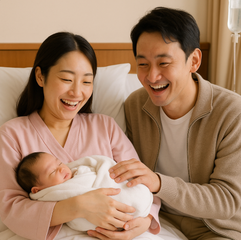 일본에서 아이를 출산하여 기뻐하는 모습입니다.
