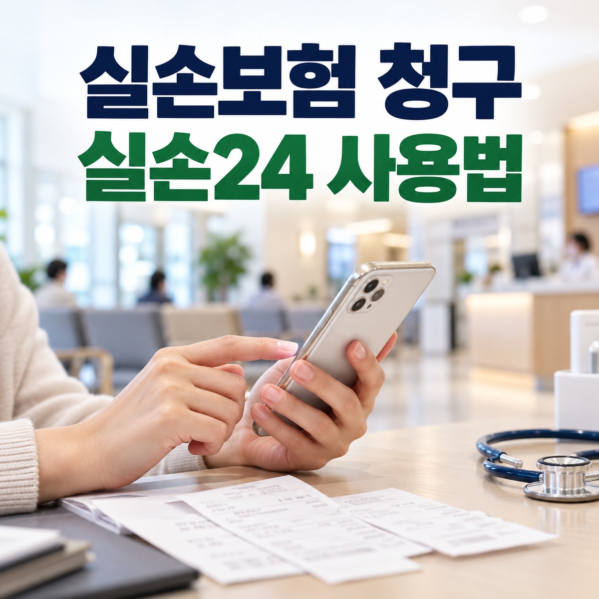 병원 대기실에서 스마트폰으로 실손보험 청구를 확인하는 장면과 실손24 사용법 안내 문구