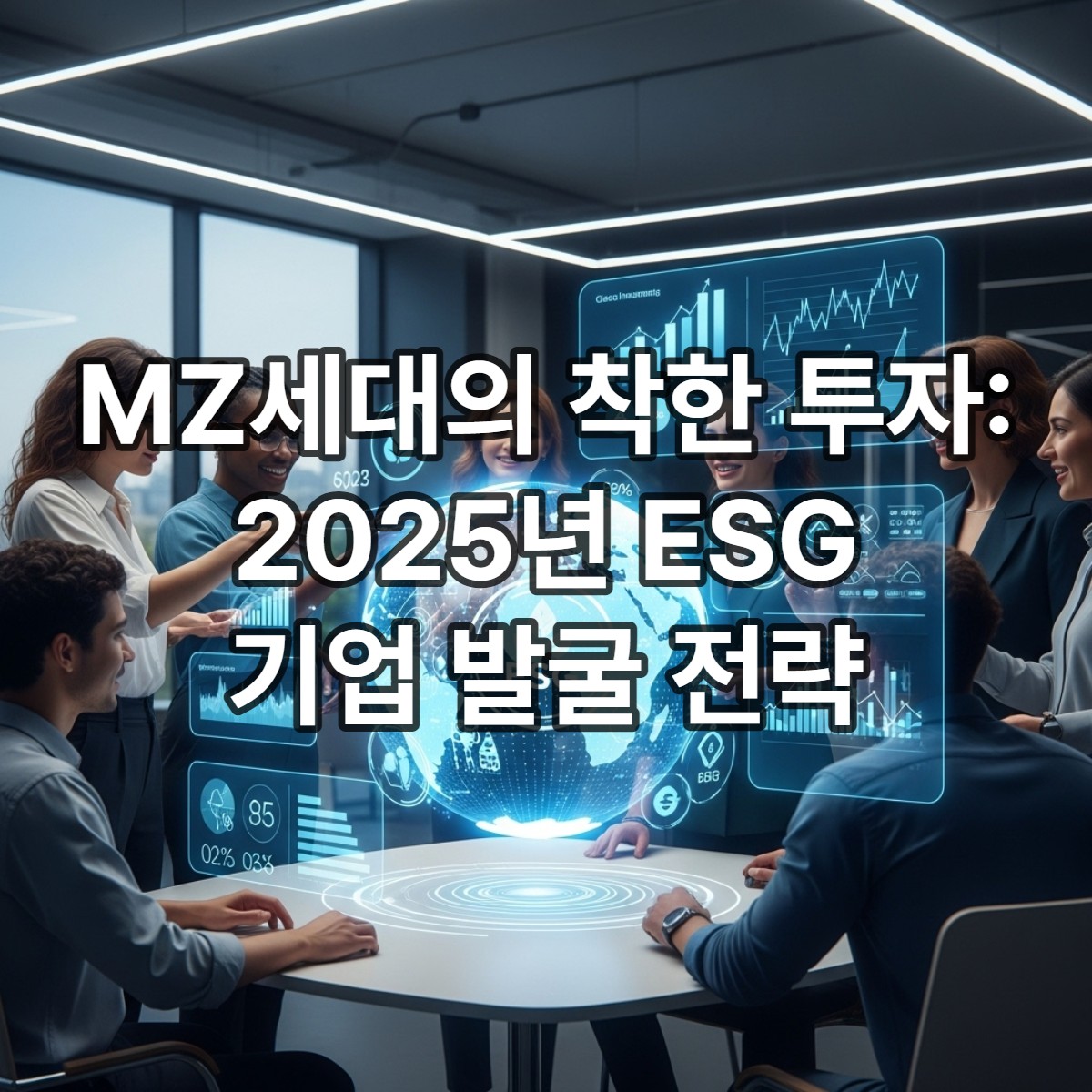 다양한 MZ세대 전문가들이 ESG 지표가 표시된 홀로그램 지구를 중심으로 지속가능한 투자 전략을 논의하고 있는 모습, 미래 지향적인 사무실 배경