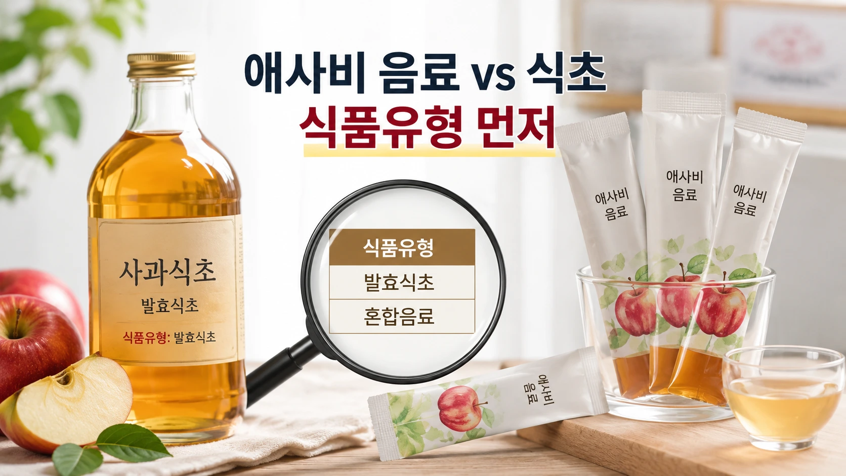 애사비 발효식초 병과 애사비 혼합음료 스틱을 놓고 식품유형을 비교하는 모습