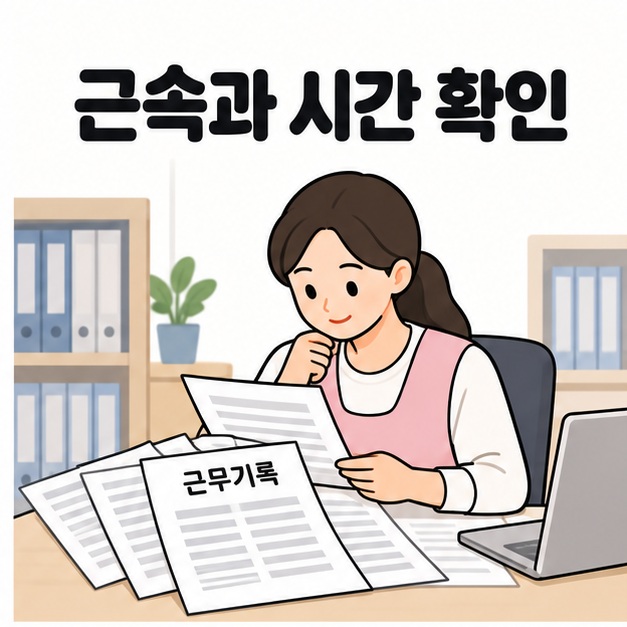 근속과 시간 확인 제목 아래 책상에 여러 장의 근무기록을 펼쳐 놓고 살펴보는 요양보호사