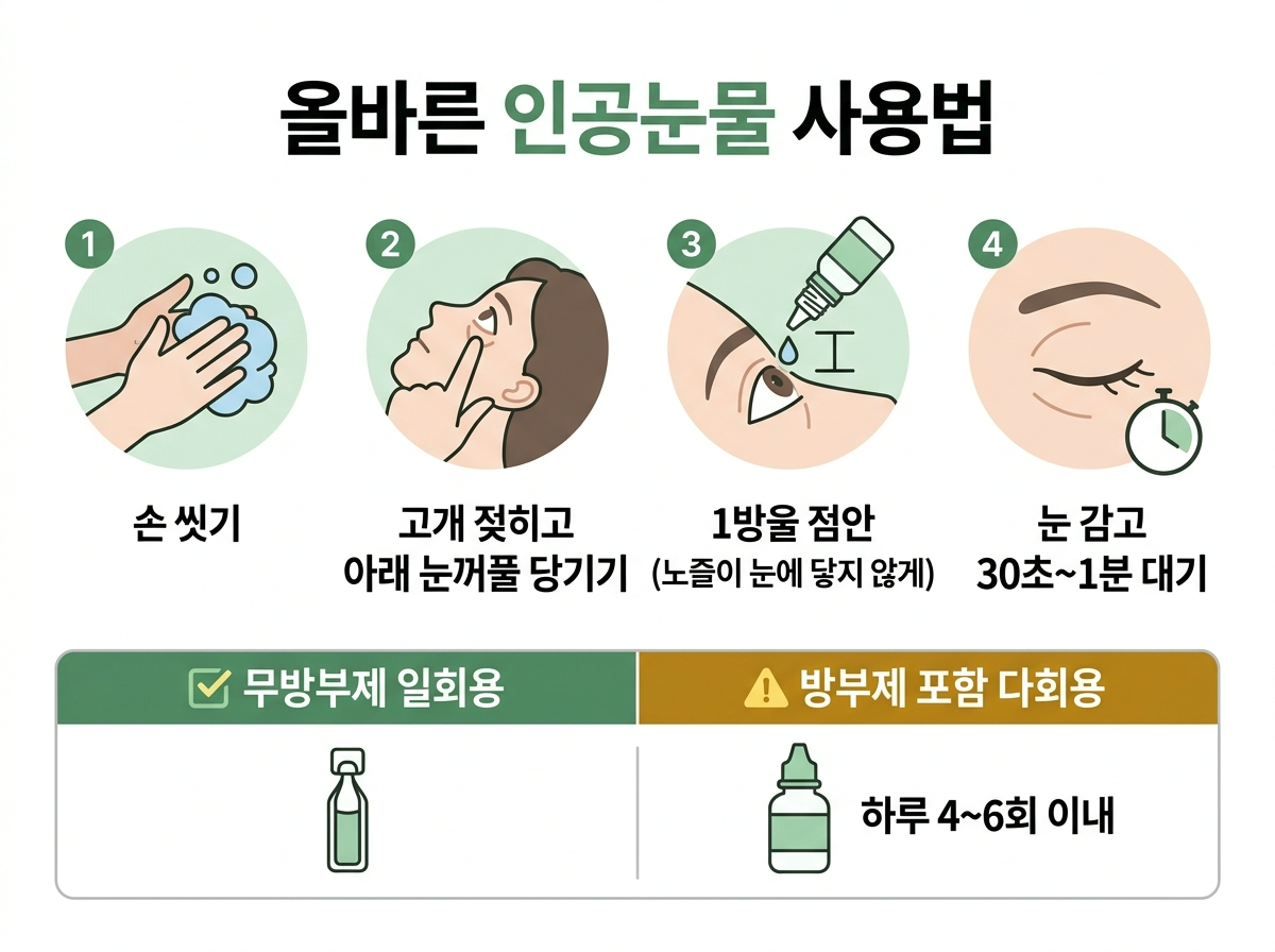 인공눈물 사용법, 무방부제 인공눈물, 인공눈물 점안 방법, 안구건조증 관리법