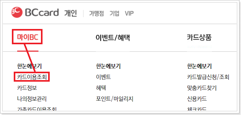 BC카드-카드이용조회-화면