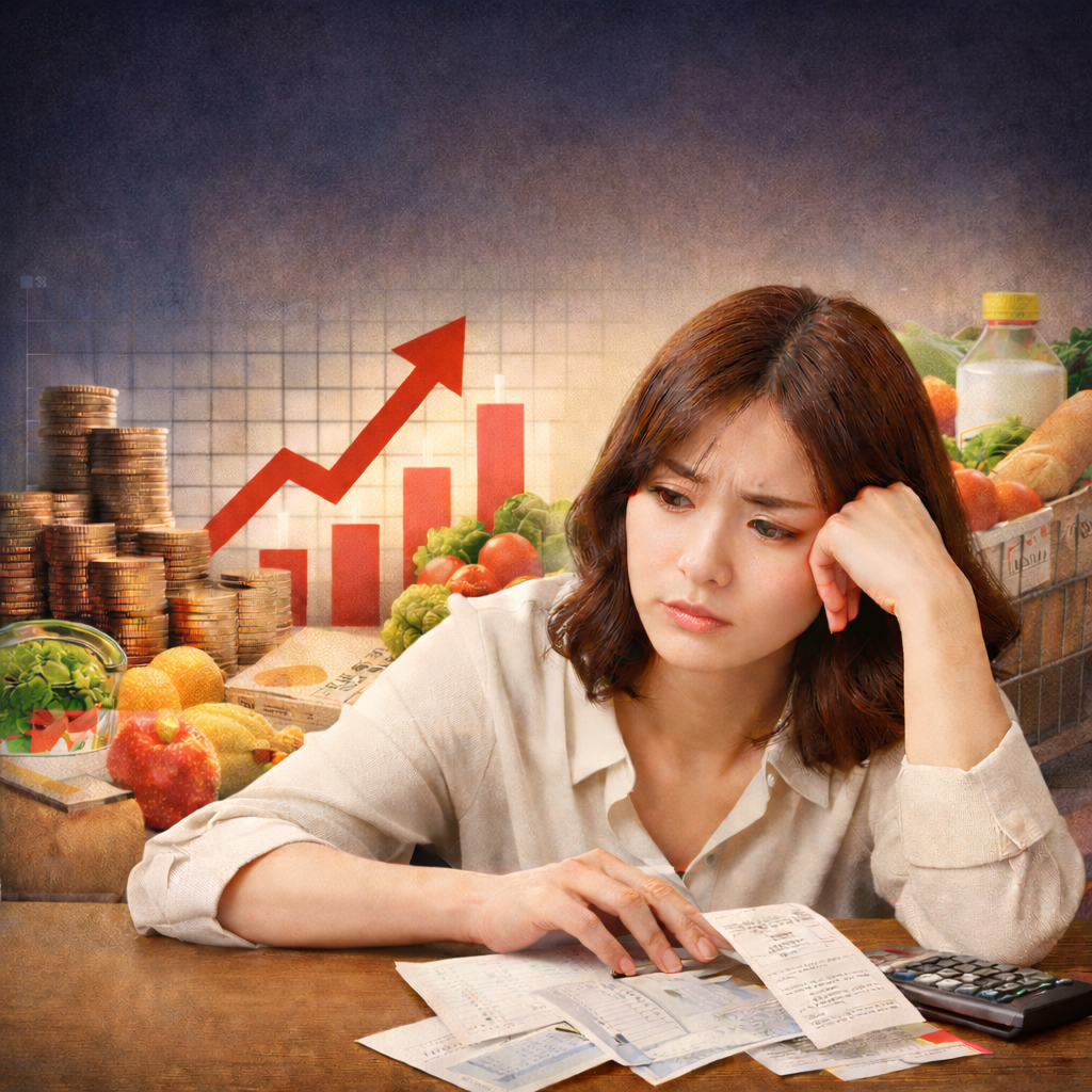 물가인상에 대한 고민하는 여자
