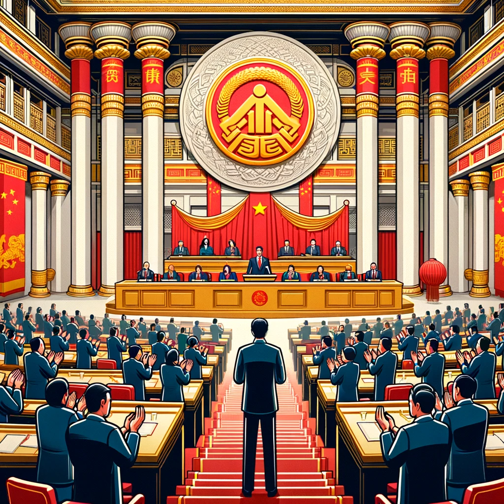 회의장에서 헌법 개정을 발표한 후 박수를 치는 대표들, 중심에 지도자 역할을 하는 인물이 있는 일러스트