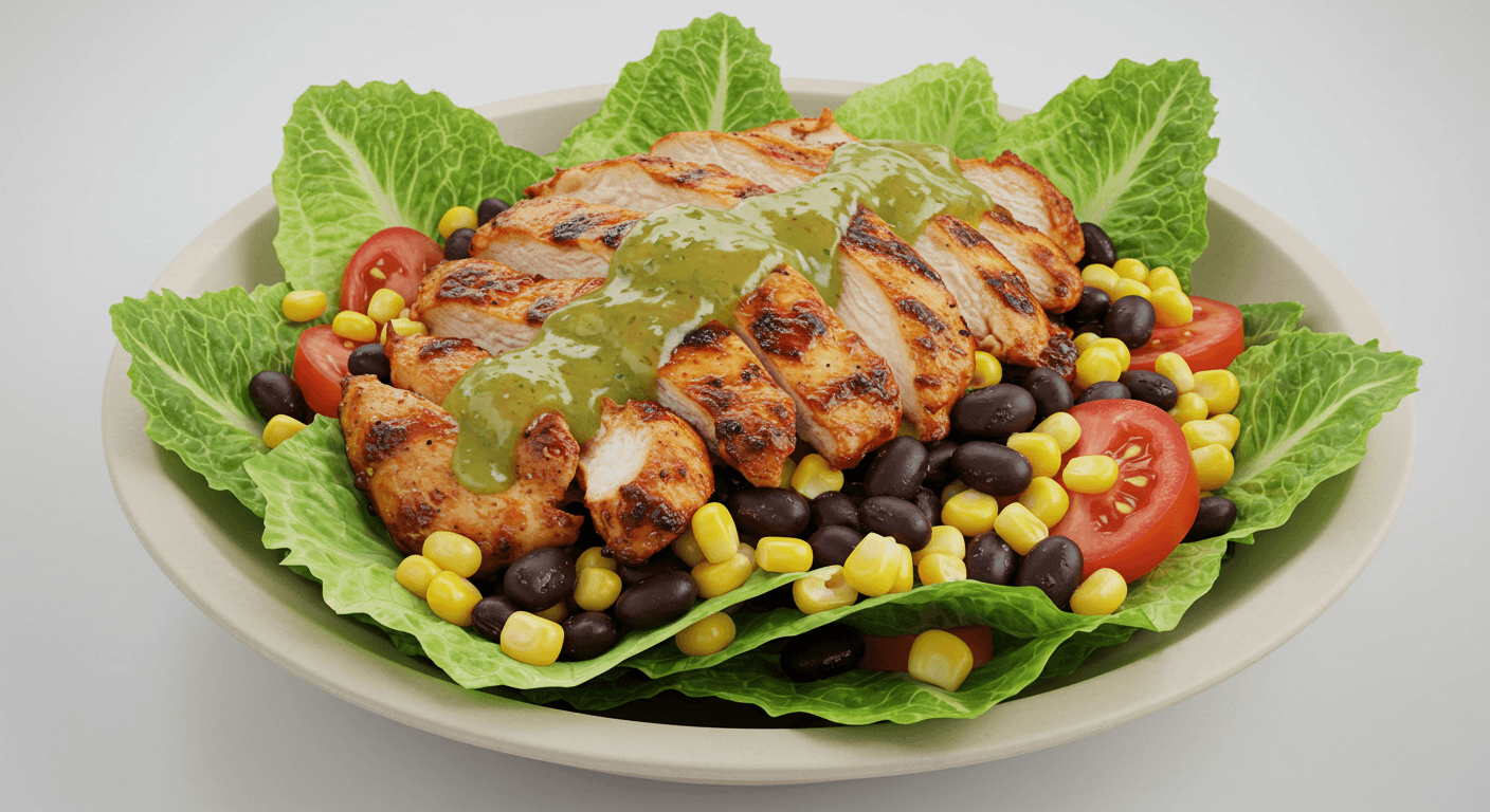 로메인 상추와 닭고기, 옥수수, 콩, 토마토가 들어간 치폴레 샐러드 1