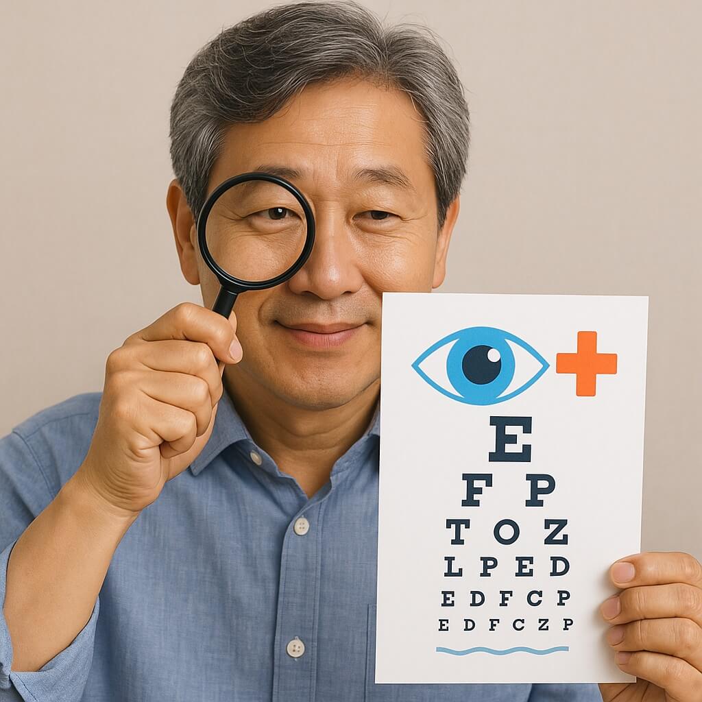 눈 건강을 점검하는 중년 한국 남성의 모습. 시력 검사표와 확대경을 활용해 루테인과 눈 건강의 중요성을 강조하는 장면