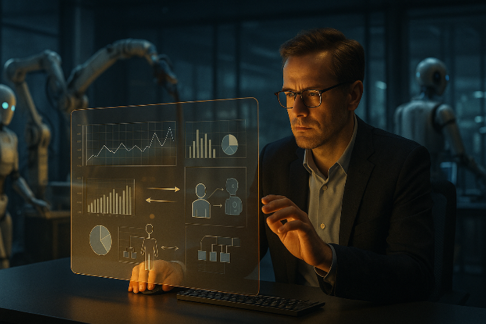 인간과, 협업 로봇과 AI 에이전트가 같은 공간에서 작업을 수행하는 이미지