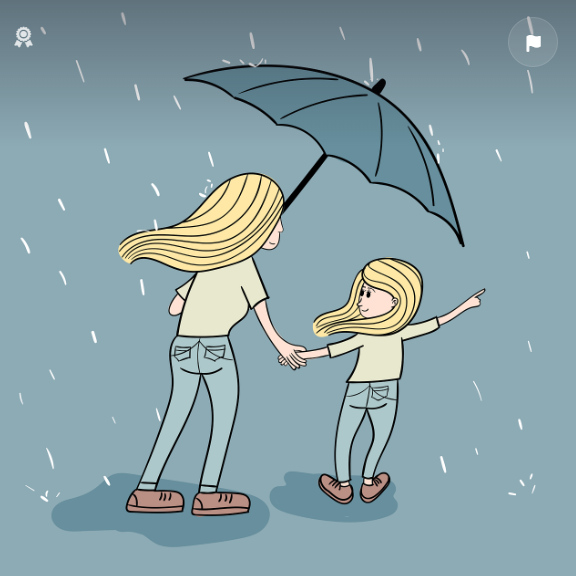 엄마와 딸이 비오는 날 손잡고 우산을 쓰고 가고 있다