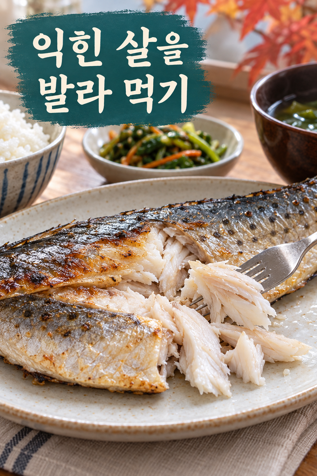 충분히 익힌 삼치의 흰 살을 포크로 발라 놓은 모습.