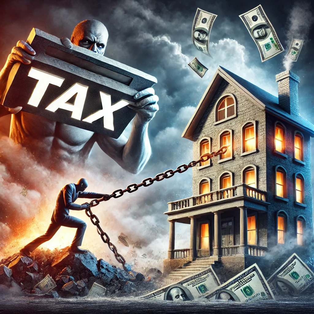 ‘TAX’라고 적힌 거대한 존재가 무거운 쇠사슬을 휘둘러 부동산을 끌어내리려 하고, 집 모양의 강인한 구조물이 이에 맞서 저항하는 장면을 담았습니다.