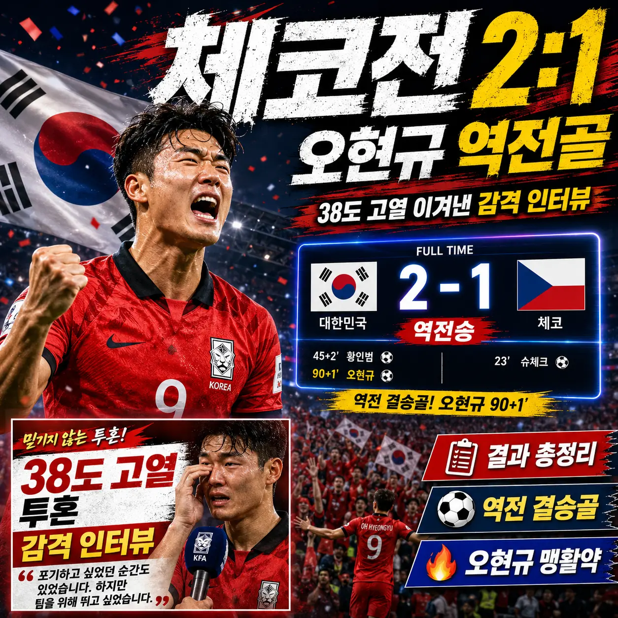 한국 체코 2-1 역전승 — 황인범 동점골·오현규 38도 고열 결승골·32강 청신호 총정리 2026 월드컵