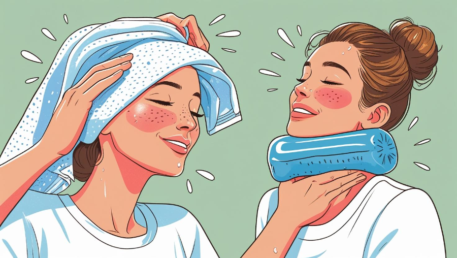 시원한 물 마시기(소량씩 자주) &rarr; 젖은 수건&middot;얼음찜질로 목&middot;겨드랑이&middot;사타구니를 냉각