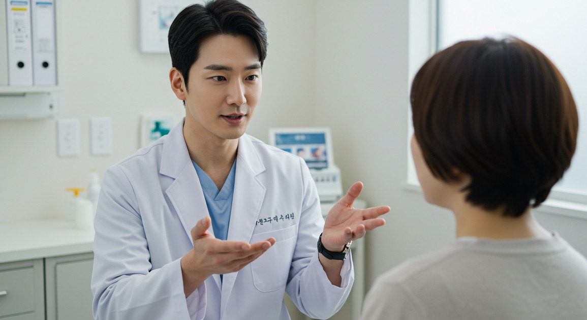 대장암 내시경 권유하고 있는 남성 의사 이미지