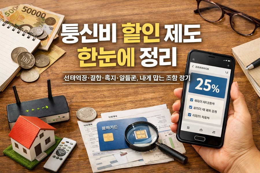 통신비 할인 제도 네 가지(선택약정, 결합할인, 복지할인, 알뜰폰)를 한눈에 비교해 절약 방향을 잡을 수 있도록 정리한 인포그래픽입니다.