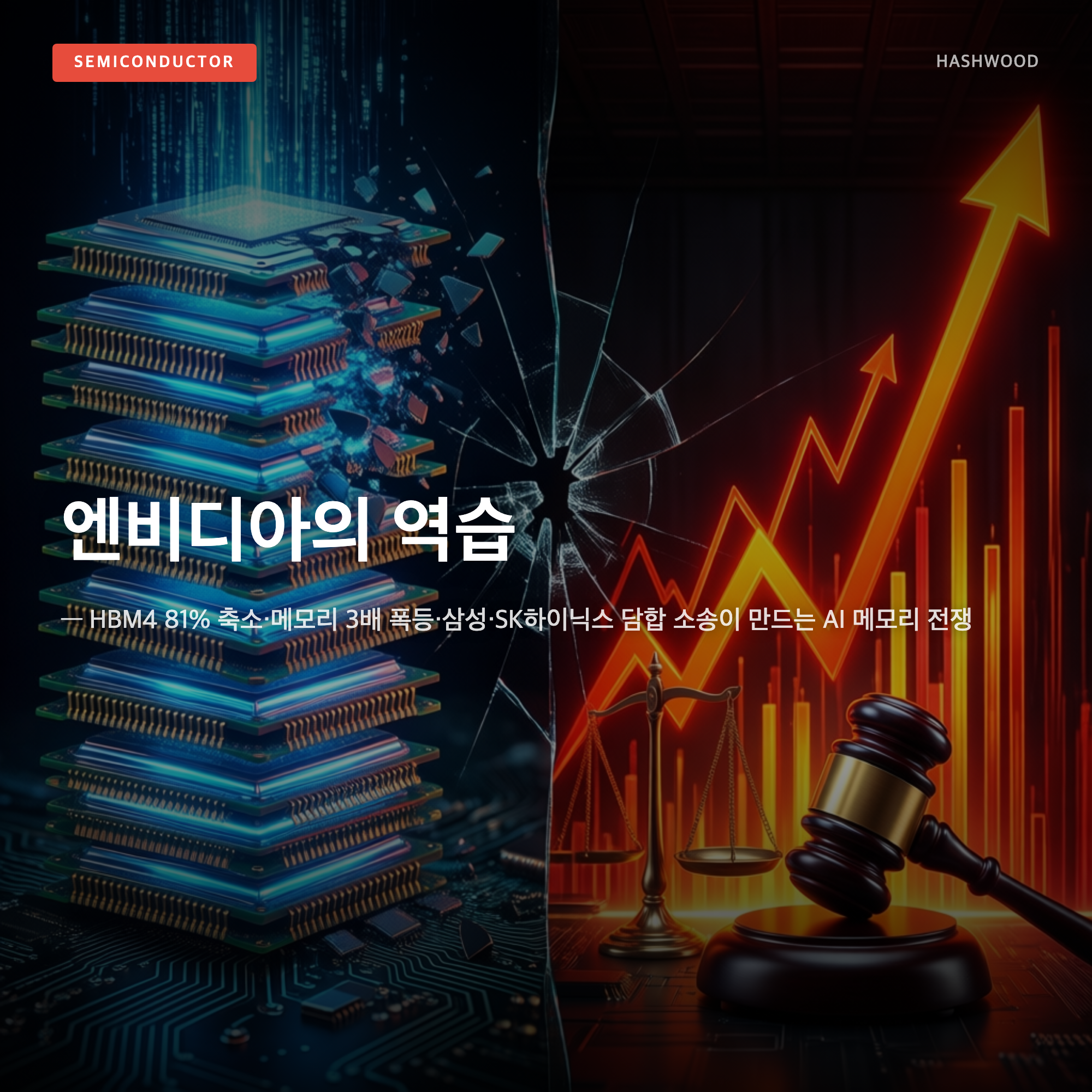 그림: 엔비디아의 역습 — — HBM4 81% 축소·메모리 3배 폭등·삼성·SK하이닉스 담합 소송이 만드는 AI 메모리 전쟁