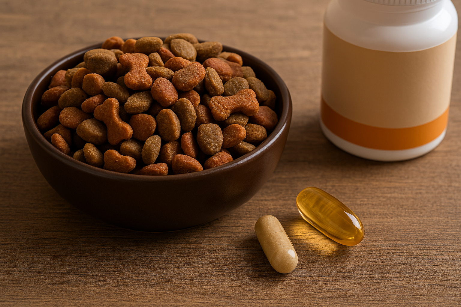 반려동물의 피부 건강과 털 빠짐 완화에 도움을 주는 사료와 오메가3 영양제 구성