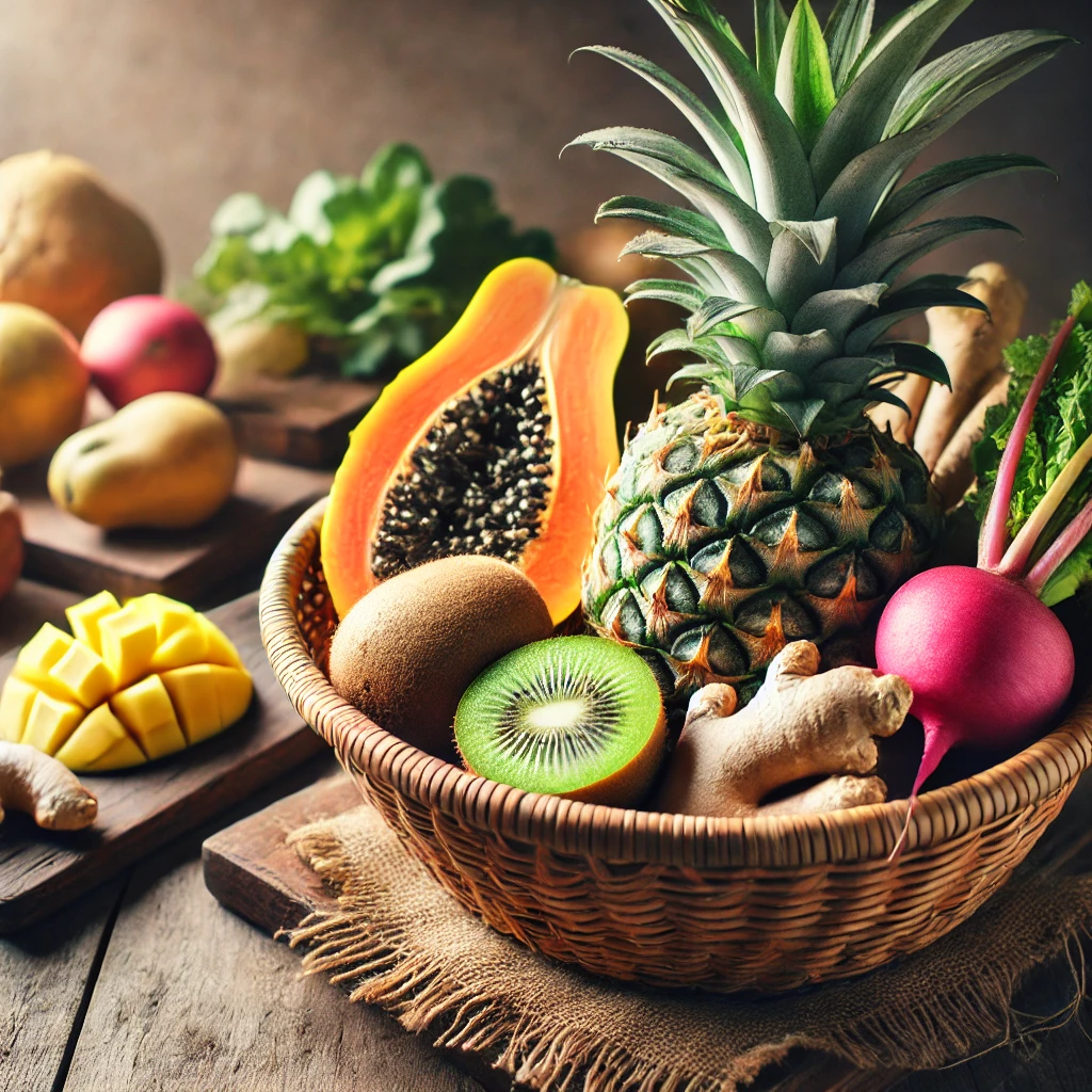 효소가 풍부한 자연 식품의 사진(파인애플, 키위, 파파야, 무, 생강)