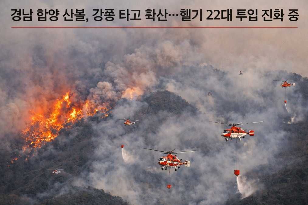 함양 산불 헬기 22대 총출동, 강풍에 확산 중